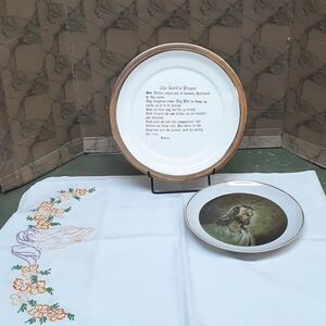 22K Lord's Prayer, portrait of Christ, and embroidered runner 3 pc. bundle